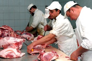 Zakłady mięsne Janusza Lisiaka w Spławiu. Rozbiór mięsa wieprzowego i produkcja kiełbas.