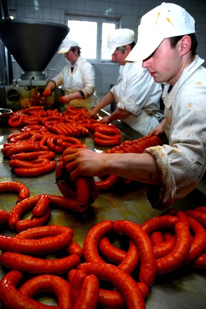 Zakłady mięsne Janusza Lisiaka w Spławiu. Rozbiór mięsa wieprzowego i produkcja kiełbas.