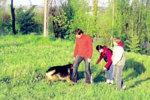 49. Fot. Bartosz Jankowski. Śmigiel okolice wiatraków, popołudnie. Jakub, Alina i Karol na spacerze z psem Agilem.