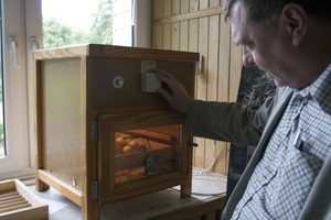 Borowo, Stacja Badawcza Polskiego Związku Łowieckiego, godz. 13:23. Pan kierownik Ryszard Bryliński dogląda wykluwające się sokoły.