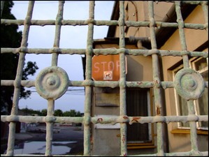 MIĘSO. Autor: Łukasz Wojciak. Zdjęcie przedstawia widok przez bramę dawnych zakładów mięsnych w Kościanie